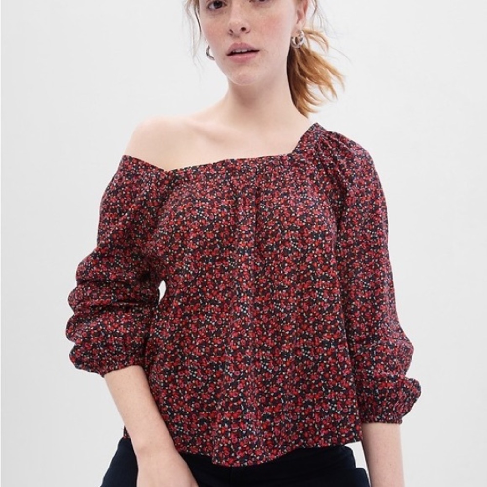 GAP Square Neck Red, Pink, and Black Floral Patterned Long Sleeve Blouse Sz XL
